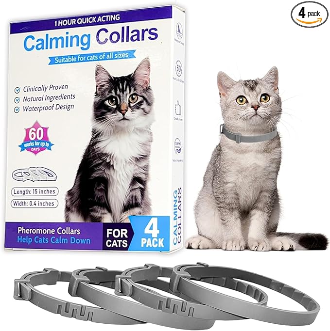 4 Pack Calming Collars for Cats - 60 Days Anxiety & Stress Relief, Adjustable Pheromones for Continuous Calming