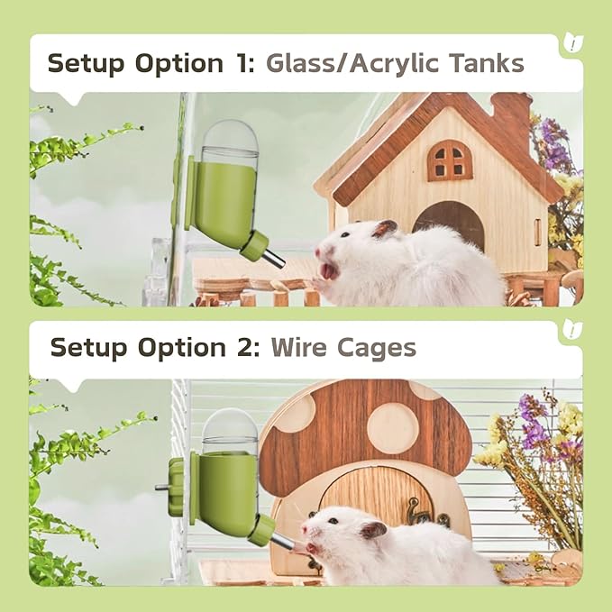 Hamster Water Bottle with Magnetic Holder, Freestanding Water Bottle for Glass Tanks, Suitable for Syrian Dwarf Hamsters Gerbils Mice Rats Degus (Green, 4 oz (Magnetic-Mounted))