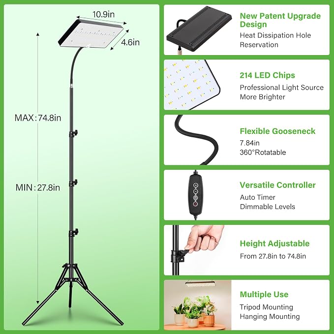 LBW Grow Lights for Indoor Plants, 214 LEDs Full Spectrum Plant Grow Light | 4/8/12H Auto Timer, 6 Brightness Levels, 68" Height Adjustable Stand, Floor Grow Lamp for Large Plants