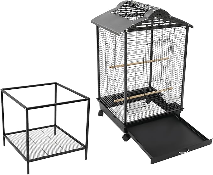 Large Playtop Bird Cage with Rolling Stand, 48 Inch Metal Frame Bird Habitat with Skylight Door & Pull-Out Tray for Cockatiel Budgie Lovebird Sun Conure