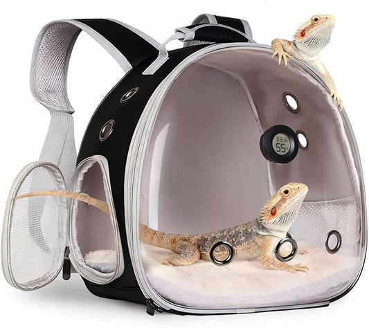 Bearded Dragon Travel Backpack Carrier with Reptile Thermometer and Humidity Gauge Lizard Travel Cage Space Capsule Clear Bubble Window Astronaut Reptile Carrier Bag for Ball Python (Black, Backpack)