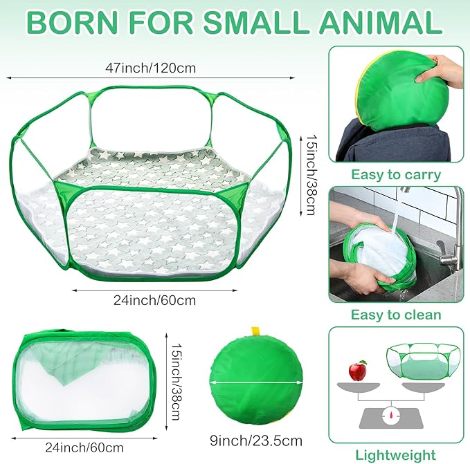 VitalCozy Hamster Playpen with Mat Small Animal Cage Tent Breathable Transparent Guinea Pig Playpen Waterproof Portable Yard Fence Mat Foldable Exercise Cage Outdoor Indoor (Green,Star)