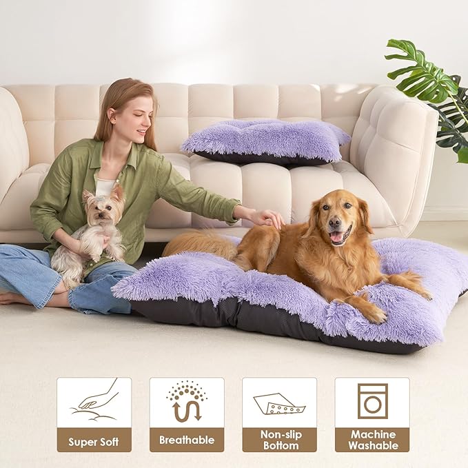 EHEYCIGA Fluffy Dog Crate Bed for Medium Dogs, Plush Faux Fur Crate Pad, Calming Anti Anxiety Medium Dog Bed, Washable Soft Warm Mat with Non-Slip Bottom, Purple