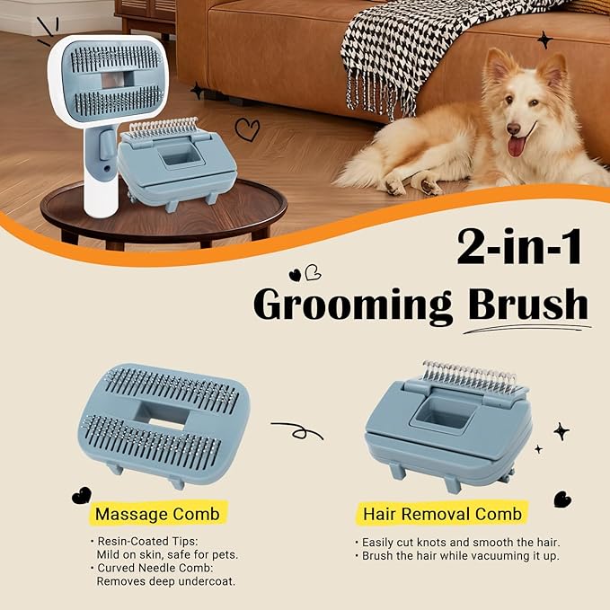 Dog Cat Brush for Shedding and Grooming,Two Replacement Heads,Massage the skin,Easy to Clean Comb for Long Short Haired Pets,use with Vacuum,Compatible with 32mm&35mm Universal Vacuum
