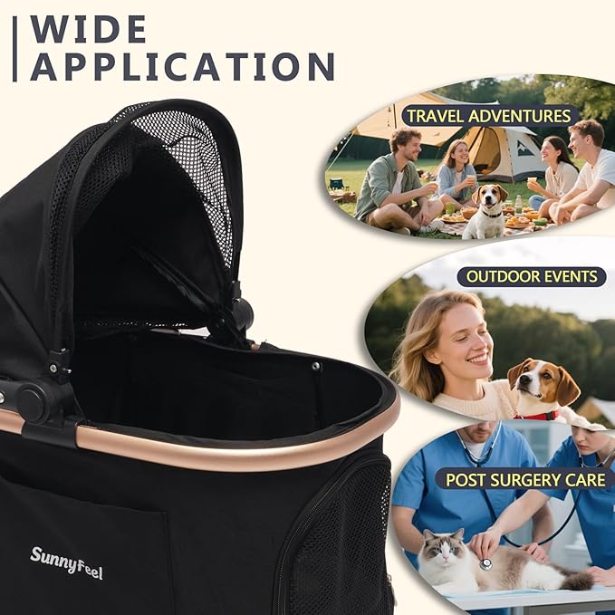 SUNNYFEEL Pet Stroller for Small Dogs and Cats, Aluminum Two-in-one Split, One-Click Foldable Dog Stroller, Holds up to 40 lbs, Storage Basket & Side Bag, Breathable Mesh, Black