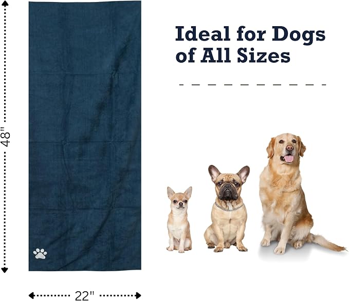 Country Living Large Marine Blue Microfiber Dog Bath Towel - Quick-Drying, Absorbent, Durable, and Machine Washable, Embroidered Paw Print, 48" x 22" for All Dog Sizes