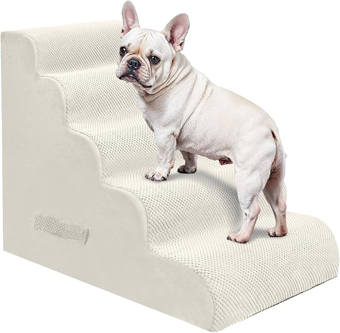 PAWSCRAT Pet Stairs for Dogs 5-Step, 22.8" H Pet Stairs for High Bed, Couch Sofa & Chair, 30D Material Soft Foam Dog Steps with Non-Slip Bottom Surface Removable Washable Cover, Beige