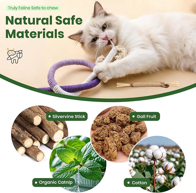 Silvervine Sticks for Cats and Cat Chew Rope Toy for Dental Care Teeth Cleaning&Anxiety Relief,Interactive Catnip Toys for Bored Indoor Cats（9pcs）