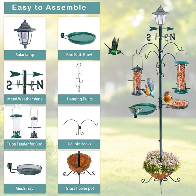 Yinns Bird Feeder with Pole Outdoor, Shepherds Hook for Birdfeeder, Multi Feeder Hanging with Solar Lamp, Tube Feeder, Bird Bath and Flower Pot for Attracting Wild Birds, 58 inch