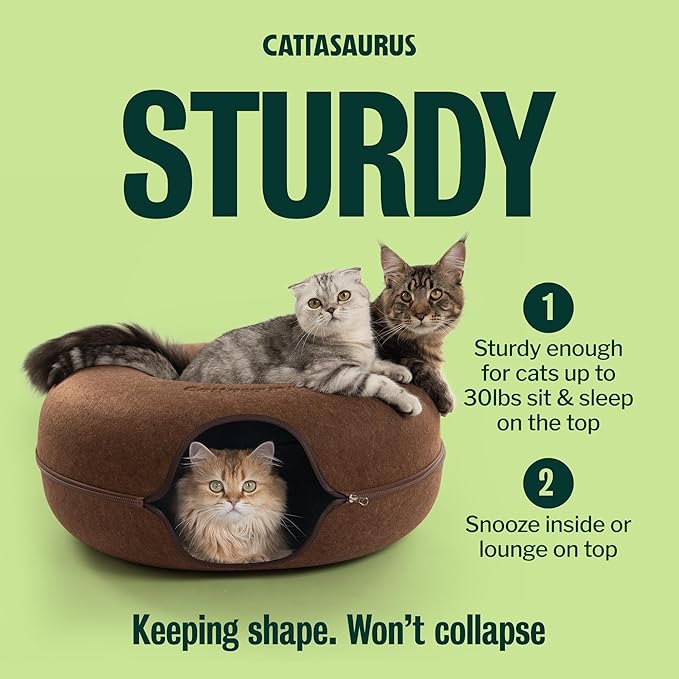 Cattasaurus Peekaboo Cat Cave Donut for Multiple & Large Cats up to 30-45 lbs, 3-in-1 Self Warming Cat Bed, Tunnel & Scratcher for Indoor Cats, Washable & Detachable Small Dog Bed (Brown, Jumbo)