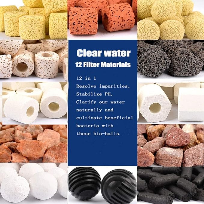 Hamiledyi 2 Pcs Aquarium Filter Media 12 in 1 Bio Balls Ceramic Rings Fish Tank Pond Biofilter Filter Media 1000 Grams with Mesh Bag