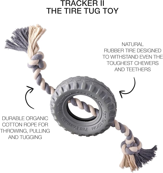 Pet Passion Natural Rubber Tire and Organic Cotton Rope Pull and Chew Dog Toy for All Pet Breeds, Gray, Large