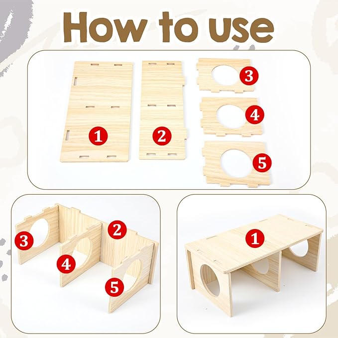 Wooden Hamster Hideout, 2 Chamber Hideout Tunnel Exploring Toy with Peep Windows Wood Cage Accessories for Gerbils Mice Rats