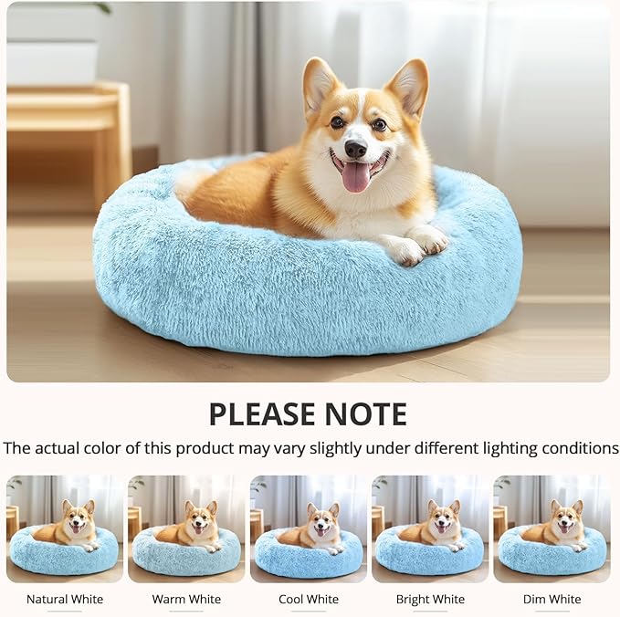 JOLLYVOGUE Calming Dog Beds Large Sized Dog, 36in Donut Washable Large Pet Bed, Anti-Slip & Anti-Anxiety Fluffy Faux Fur Round Dogs Bed, Fits up to 80 lbs Pets (Light Blue)