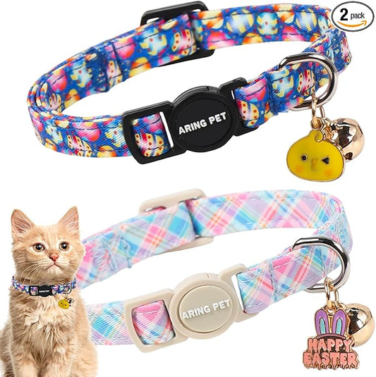 ARING PET 2 Pack Easter Dog Cat Collars, Cute Breakaway Kitten Small Easter Egg Collars with Bells for Girl Boy Cats-Colorful & Purple