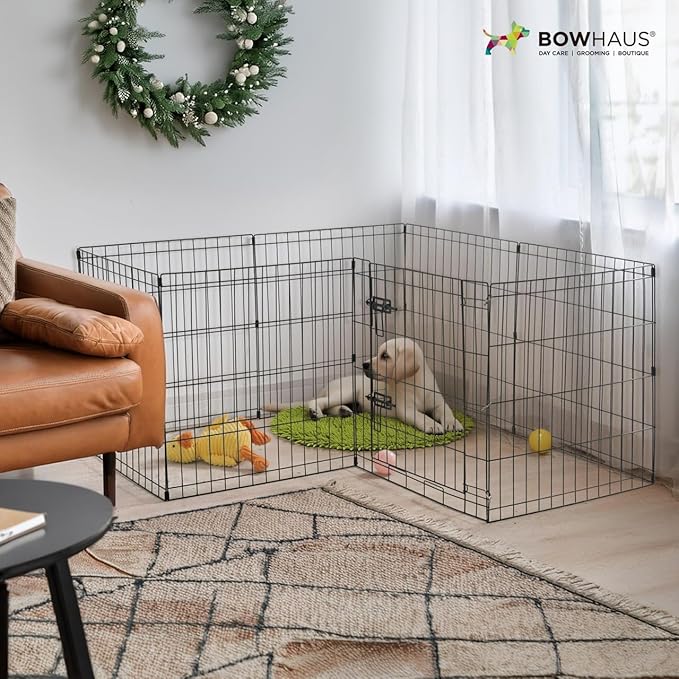 BOWHAUS Foldable Outdoor/Indoor Pet Playpen with Gate, Available in 30 Inch Height Metal Portable Kennel, Heavy-Duty Exercise Fence Cage 8 Panels for Medium Dog, Animals
