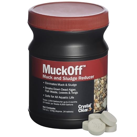 CrystalClear MuckOff Natural Pond Muck Treatment Sludge Remover, 24 Tablets | Living beneficial bacteria clarifier with enzyme for water gardens, fountains & bird baths; fish, aquatic animal & pet safe