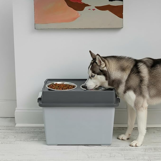 IRIS USA Dog Bowls Elevated with Storage, 15" H Raised Feeding Station, Dog Bowl Stand with Airtight Food Storage Holds 47 lbs, 2 Removable 64 oz Stainless Steel Bowls for Large Dogs, Gray/Dark Gray