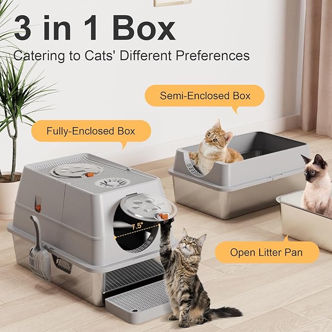 Stainless Steel Litter Box with Lid, XL Extra Large Litter Box, Enclosed Top Entry Metal Litterbox for Big Cats, Easy Cleaning, Anti-Leakage & High Sided with Mat, Aisle & Scoop, Light Grey