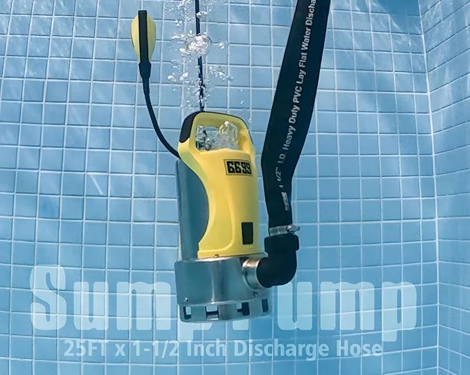 1.5HP Sump Pump Submersible Water Pump with 25FT x 1-1/2” Backwash Hose Up to 6500GPH Stainless Steel Utility Pump Drain Water from Pool Basement Sump Pit Garden Pond Hot Tub SUB 6500SS KIT