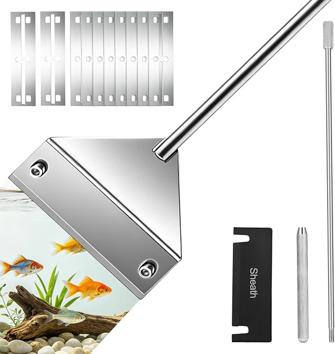 25 in Algae Scraper for Glass Aquariums - with Sheath, 10 Blades | Wide Blade, Durable Stainless Steel, Powerfully Remove Stubborn Algae, Included Blade Sheath, 10 Replaceable Blades