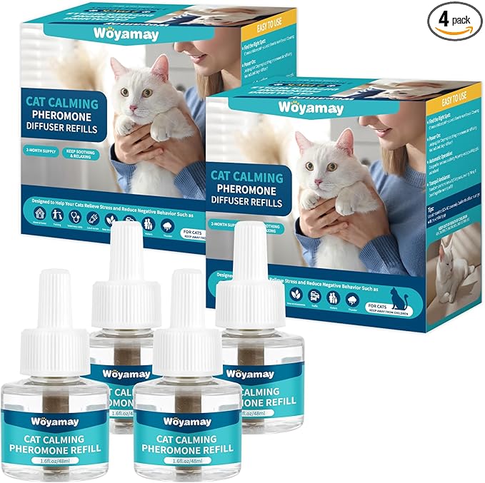 Woyamay Cat Calming Diffuser Refills - 4 Pack Cat Pheromones Calming Diffuser for Cat Anxiety Relief, Cat Pheromone Diffuser, 120 Days Pheromone Diffuser to Calm Cats, Fits All Common Diffuser Heads