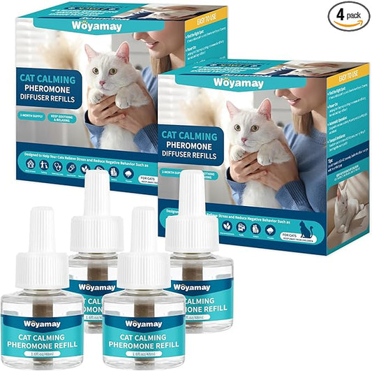 Woyamay Cat Calming Diffuser Refills - 4 Pack Cat Pheromones Calming Diffuser for Cat Anxiety Relief, Cat Pheromone Diffuser, 120 Days Pheromone Diffuser to Calm Cats, Fits All Common Diffuser Heads
