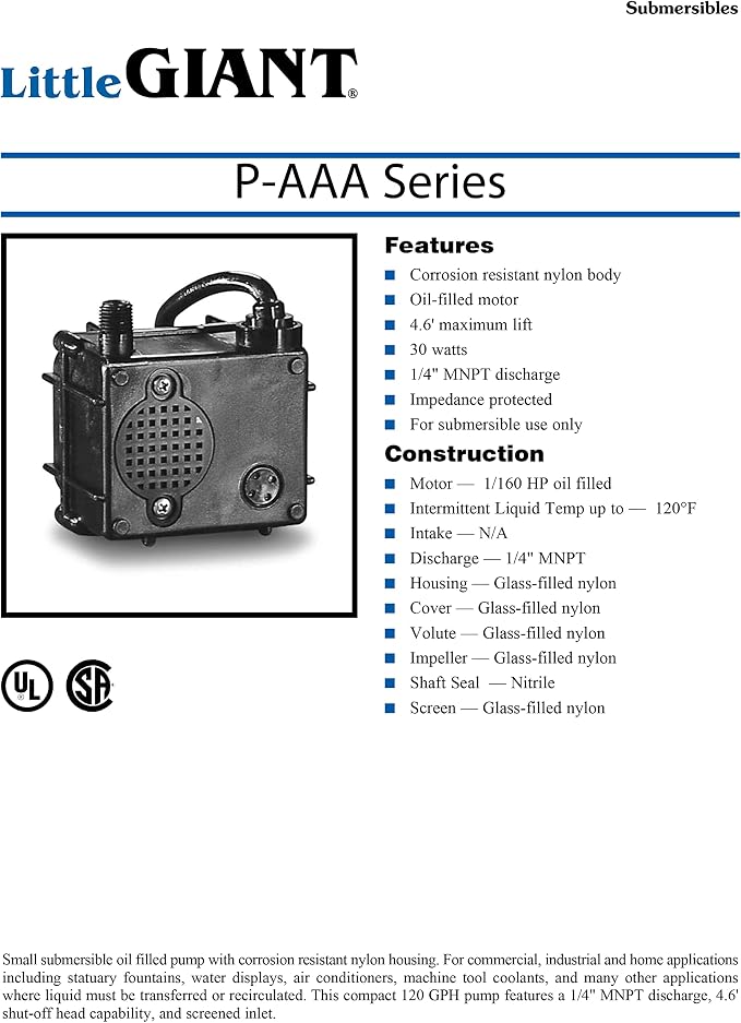Litle Giant P-AAA, 115V, 120 GPH Small Submersible Water Pump, 6' Cord