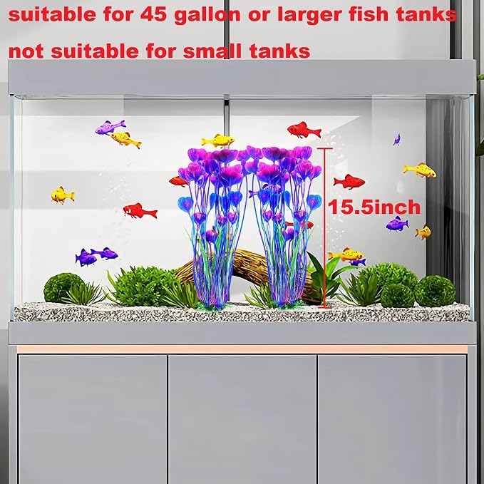 AQUANEAT Artificial Fish Tank Plants, Plastic Aquarium Accessories Large, 15.5 inch Purple Decorations, 2pcs