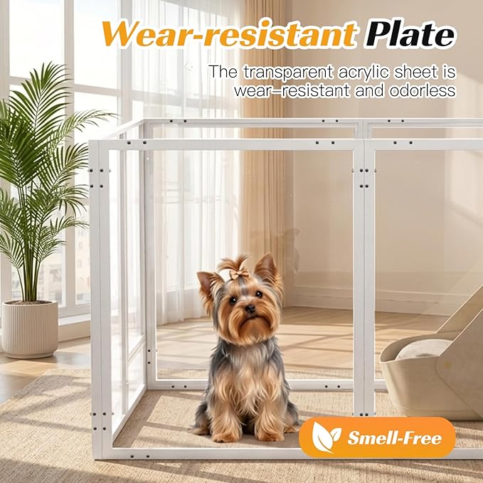 Clear Acrylic Dog Playpen with Door,Puppy Fence Indoors H:24" 8-Panel can be DIY Expanded + Splicing Height Design for Puppies/Small Dogs,White Dog Enclosure (Metal + Acrylic Material)