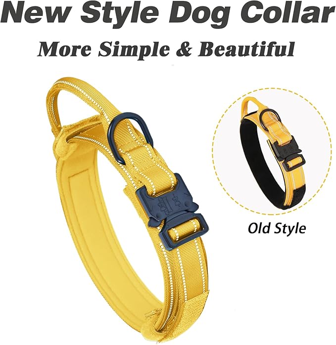 AUBELL Reflective Tactical Dog Collar,Adjustable Military Heavy Duty K9 Collars with Handle and Quick Release Metal Buckle Great for Medium Dogs, with Airtag Case and 2 Patches (Yellow,M)