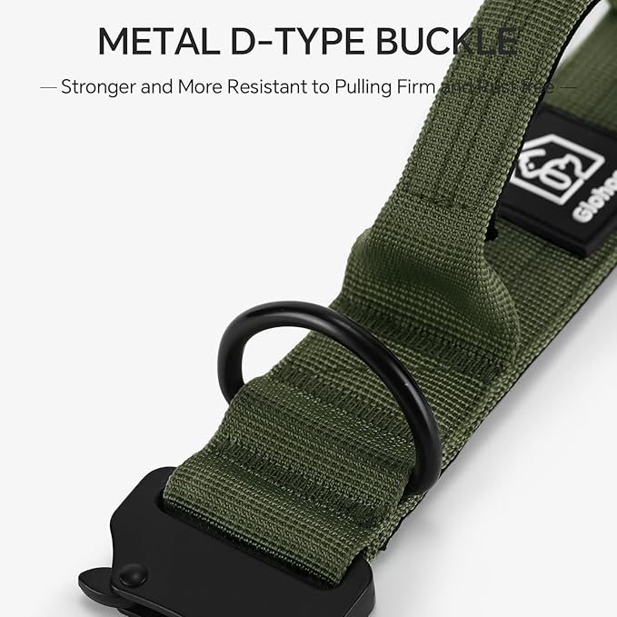 Tactical Thick Dog Collar, Adjustable Training Nylon Dog Collar, Heavy Duty Metal Buckle & Control Handle for Small Medium Large Dogs (M, Green)