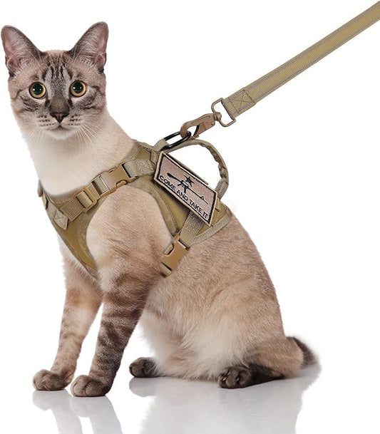 Tactical Cat Harness and Leash, Escape Proof Large Cat Walking Vest,Adjustable Soft Mesh Pet Vest Harness with Control Handle, Molle Patches Khaki