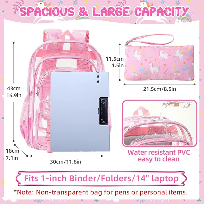 Clear Backpack, 17 inch Large Clear Bookbag with Cute Pin Accessories, Double Layer Heavy Duty See Through Backpack for School College Work Stadium Travel