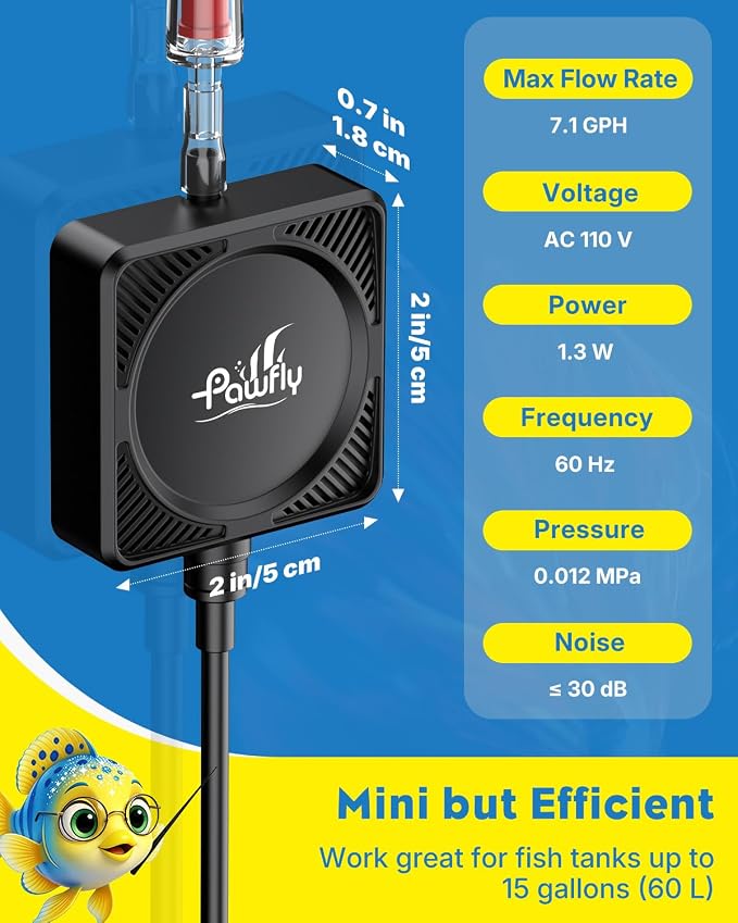 Pawfly 27 L/h Aquarium Air Pump, Mini Air Pump for 1-15 Gallon Fish Tanks | 1.3 W Ultra Quiet Portable Fish Tank Air Pump Oxygen Aerator Kit with Mini Sponge Filter Air Tubing Air Stone Check Valve