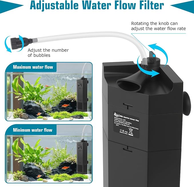 AQQA Aquarium Filter for 80-150Gal Fish Tank Submersible Internal Filters Multifunctional for Filtration, Circulation and Oxygenation Ultra Quiet for Freshwater & Saltwater Crystal Clear (15W,400GPH)