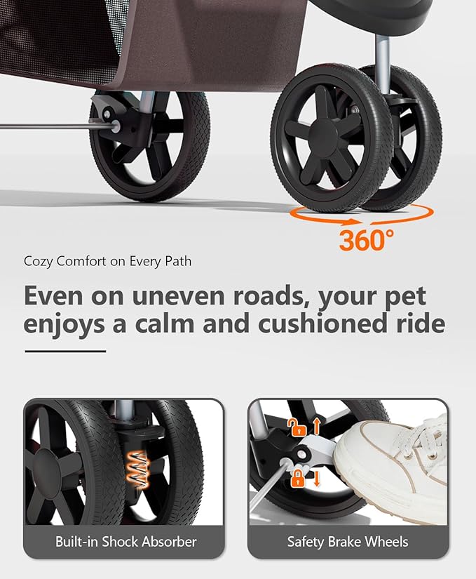 OS MOTOR Pet Stroller with 3 Wheels for Small/Medium Pets, Portable Travel Foldable Carrier Jogger for Dog Cat Puppy Kitty, Rear Wheel Breaks, Storage Basket, Visible Mesh with Weather Cover (Coffee)