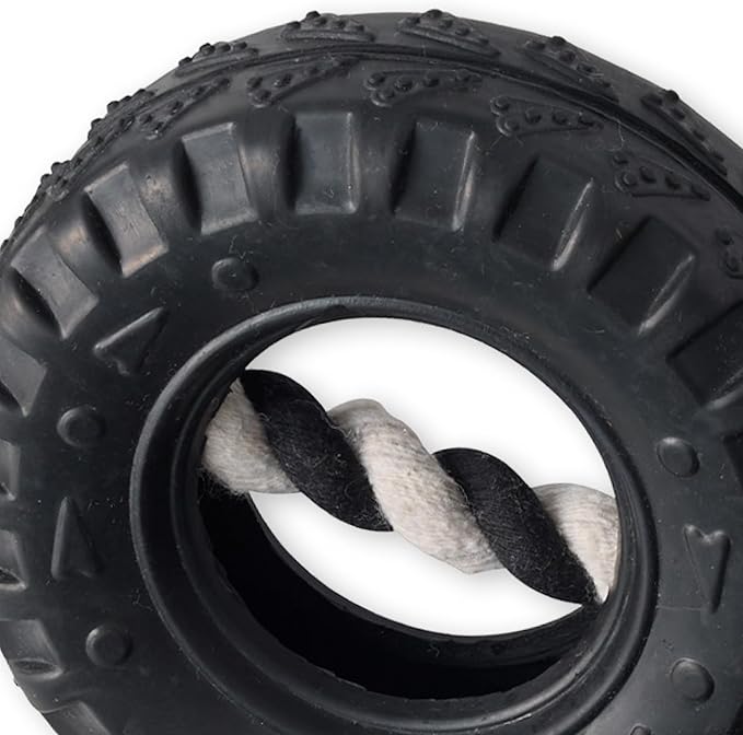 Pet Passion Natural Rubber Tire and Organic Cotton Rope Pull and Chew Dog Toy for All Pet Breeds, Black, Large