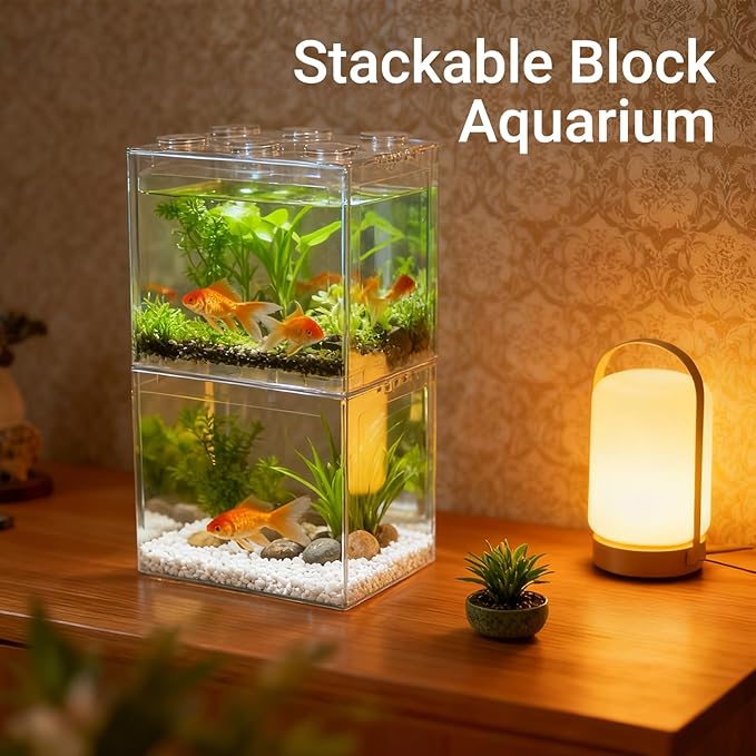 4 PCS Small Betta Fish Tank, 0.2 Gallon Mini Aquarium Tank, Cube Stackable Fish Bowl, Tiny Desktop Tank for Small Fish, Insect, Shrimp, Turtle, Spider