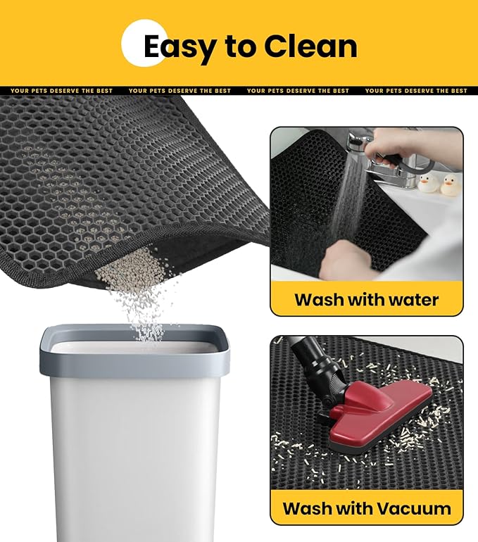 Conlun Cat Litter Trapping Mat for Small Spaces, 23.6"x14.6" Space-Saving Litter Box Floor Mat, Hexagon Grids & Anti-Leak Base, Machine Washable, Non-Slip Kitty Matt for Apartment, Black