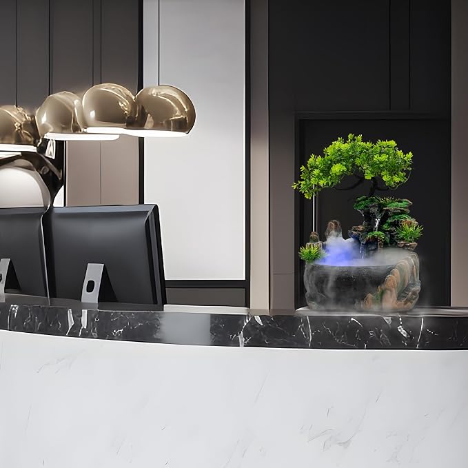 Indoor Fountain Rockery Tabletop Fountain with an Atomizer Elaxation | Water Feature Meditation Desktop Fountains for Home Office Decor or Gift 6.7''L x 5.9''W x 7''H with LED Light