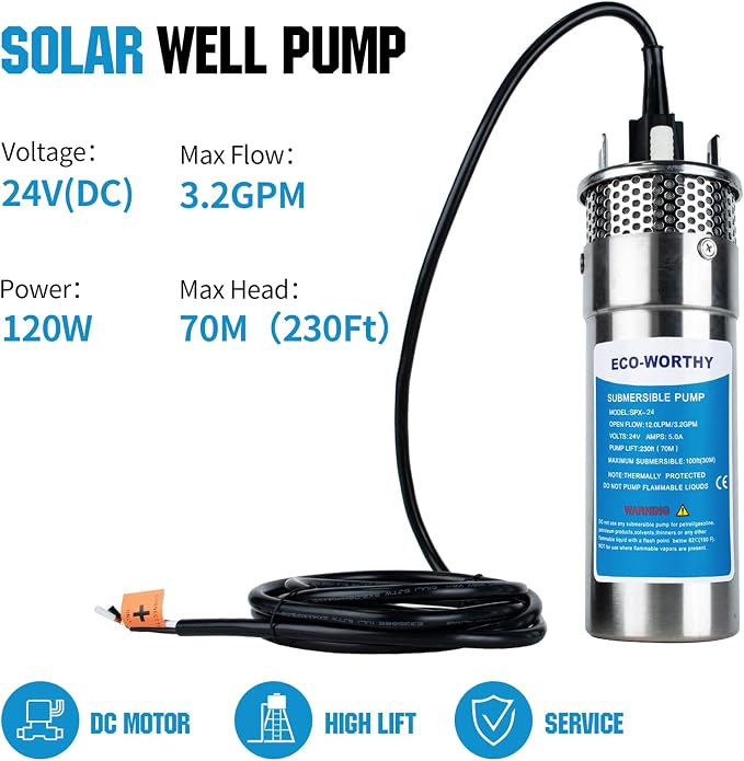 ECO-WORTHY 24V Well Pump 3.2GPM 4" Stainless Steel, Max Lift 230FT Deep Well Water Pump/Alternative Energy Solar, Well Pump Solar Water Pump