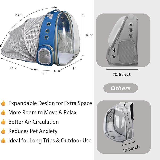 Pet Carrier Backpack Expandable for Cats and Small Dogs, Breathable Anti-Collapse Design, Airline Approved Travel Backpack for Hiking and Outdoor Use (Back Expandable-Blue)
