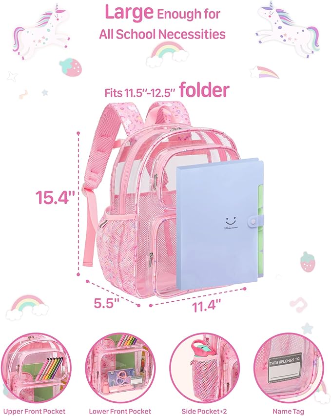 Bagseri 3pcs Clear Backpack for Girls - 15 Inch School Bag Set with Lunch Box and Pencil Case, Heavy Duty Transparent Bookbag for Kindergarten to Grade 2, Pink Unicorn