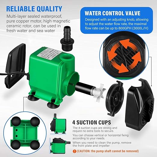 Simple Deluxe 800 GPH Water Table Pump (3000L/H, 24W), Ultra Quiet Fountain Pump with 10 ft, 3 Nozzles for Fish Tank, Pond, Aquarium, Hydroponics, Green (Pack of 3)