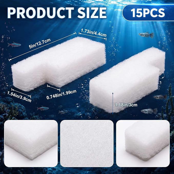Threlaco 15 Pcs Aquarium Sponge Foam Filter Pads Compatible with Seachem Tidal Replacement Polishing Pad Fish Tank Filter Floss, Media for Crystal Clear Water (Compatible with Seachem Tidal 35,White)