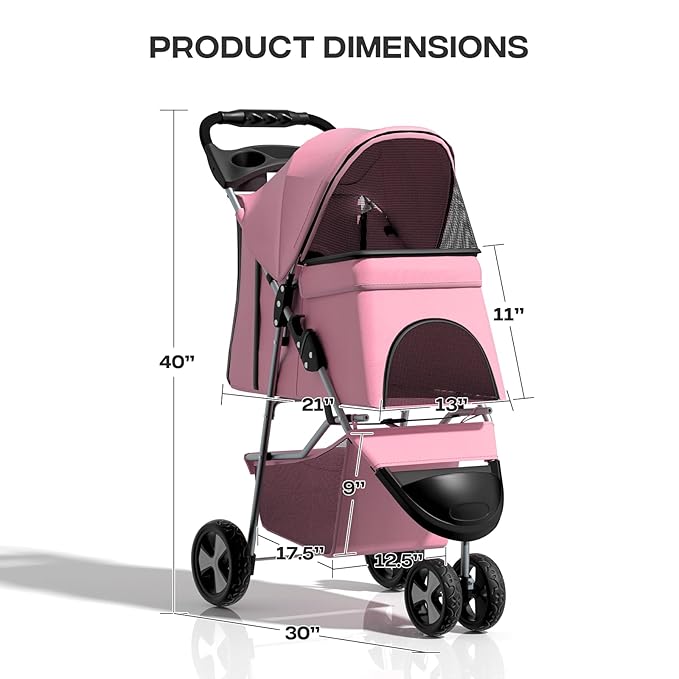 Pink Dog Stroller for Medium Dogs 30 lbs Pet Stroller for Small Dogs Cat Strollers for 2 Cats, 3 Wheels Foldable Jogger Puppy Stroller with Storage Basket and Cup Holder, Pink