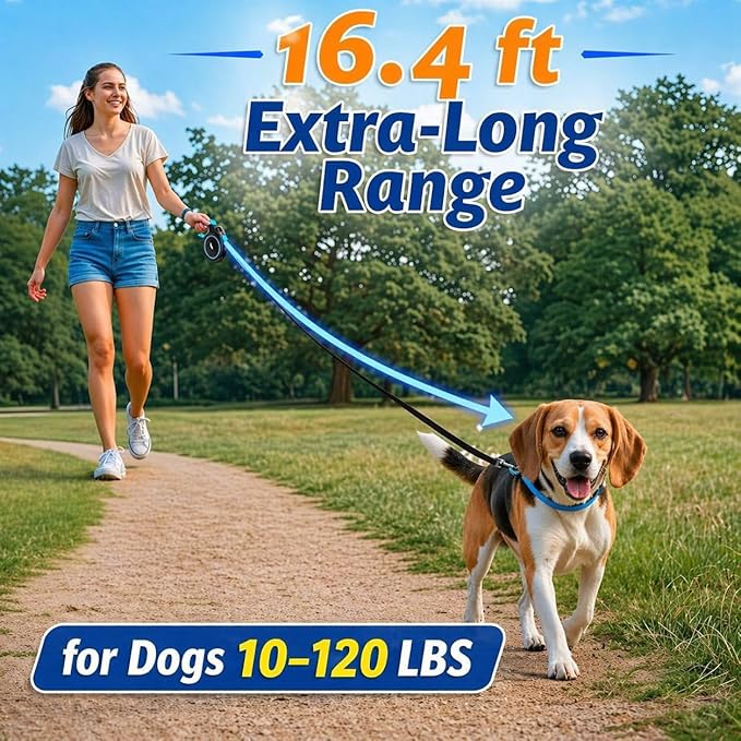 16.4 ft Retractable Dog Leash for Dogs 10–120 lbs - Heavy Duty Tape Leash with Strong Nylon Tape - 360° Swivel Control - One-Click Brake & Lock - Ergonomic Non-Slip Grip for Safe & Easy Daily Walks
