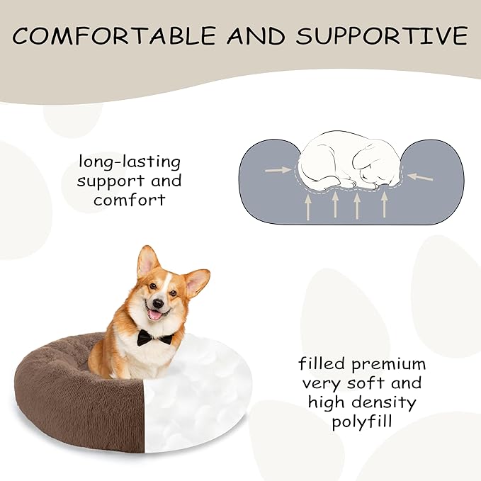 Bunlitent 30'' inch Calming Dog Bed, Plush Anti-Anxiety Donut Dog Bed for Small Medium Dogs, Warming Cozy Soft Cute Round Washable, Marshmallow Cuddler Nest Pet Bed, Brown
