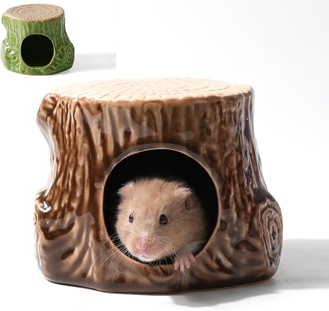 Ceramic Hamster Hideout,Stump Shape Dwarf Hamster House, Natural Guinea Pig Habitat Decor, Hideaway House for Gerbil, Cool Bed for All Season(Brown)